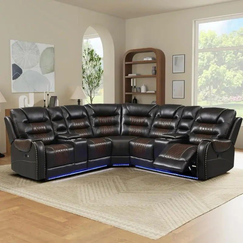 L Shaped Symmetrical Leather Sectional Sofa with Recliner for Living Room, Office, Corner Sectional Sofa, Theater Seating with 2 Reclining Seats,Console, Cup Holder and Storage, LED Light.Brown