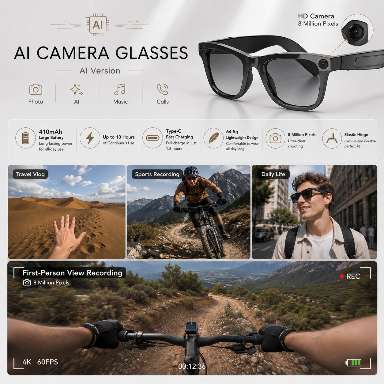 LUSBY Smart AI Camera Glasses with 8MP Photochromic Lenses, Button-Touch Adjustment, 160+ Languages Real-Time Translation, Bluetooth Wireless Video Recording, UV Sun Protection, Cool Gadgets for Travel Outdoor Adventures, Mens Gifts for Him Easter Gift