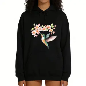 Women's Loose Fit Hoodie with Bohemian Hummingbird and Floral Prints – Soft Fabric for Any Occasion