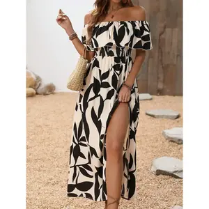 Women’s off-shoulder ruffled sleeve high-waist summer maxi dress, boho-style beach vacation set, long-sleeve leaf pattern