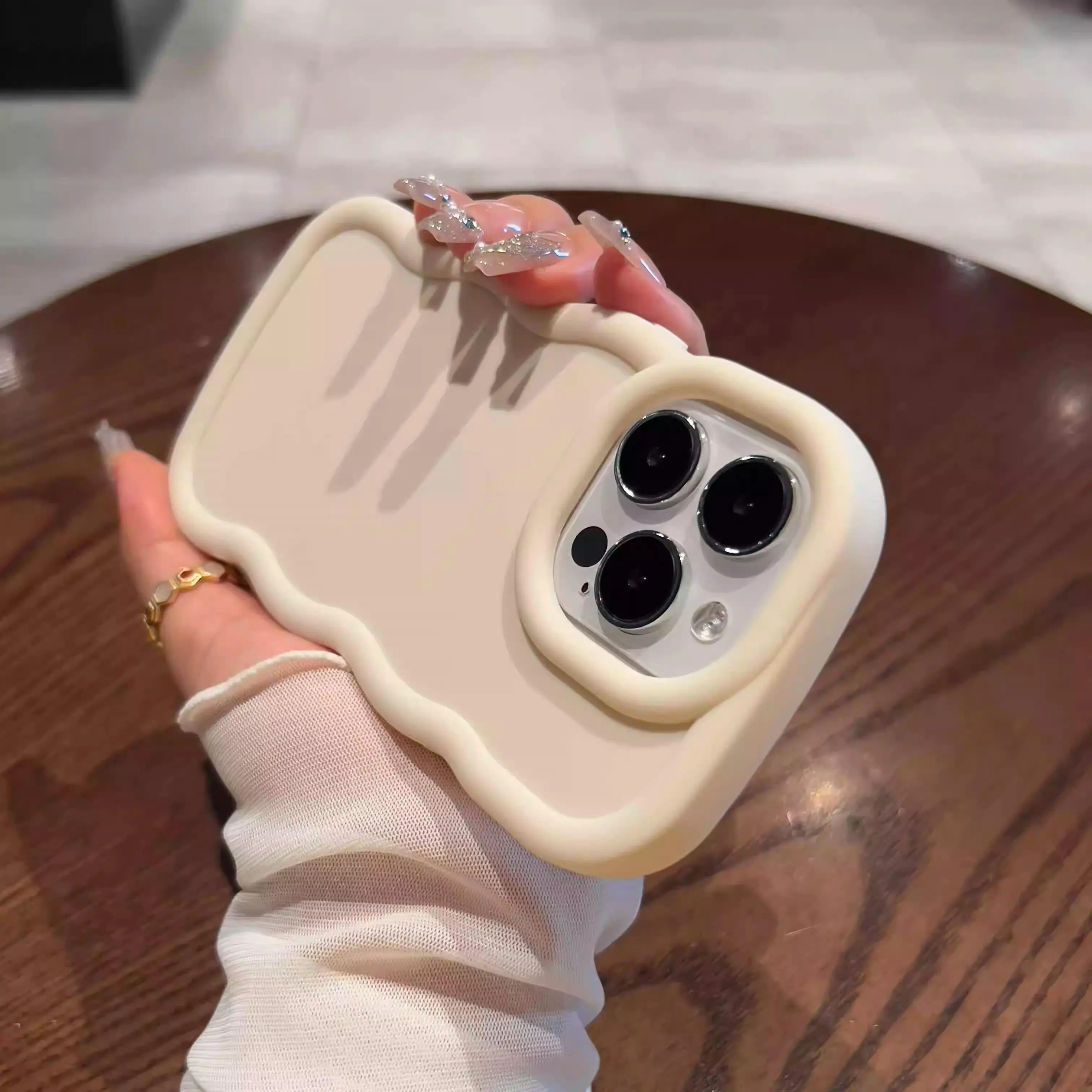 Feminine Wavy Curved Frame iPhone Case - Pastel Matte Soft Silicone, Large Camera Cutout, Shockproof Decorative Protect Cover for Multi-Model iPhone 12/13/14/15/16/17 Pro Max, Iphone12