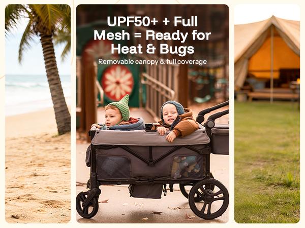 HARPPA Foldable 2 Seater Baby Stroller Wagon with Canopy & Mosquito Net, Stroller with Cup Holders & Stroage, All-Terrain Wheels, Adjustable Handle, For Outdoor & Beach, Baby Items