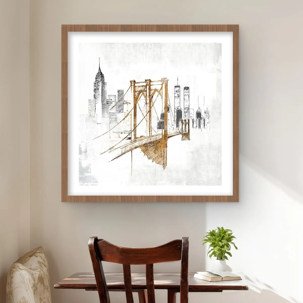 212 MAIN 24x24 in Gold-Framed Matted Brooklyn Bridge Blurry Sketch Print - Wooden Wall Artwork, Modern Abstract Wall Decoration, Modern Home Decor Room Accent