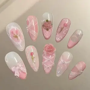 24Pcs Pink Almond False Nails Butterfly Ballet with French Design
