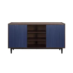 Manhattan Comfort Duane 59.05 Modern Ribbed Sideboard with Adjustable Shelves in Dark Brown and Navy Blue SB-9GLF-NB