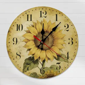 10 Inch Vintage Sunflower Wall Clock, Rustic Farmhouse Non-Ticking Silent Clock, Retro Floral Wall Decor for Kitchen Living Room, DIY ASSEMBLY NEEDED