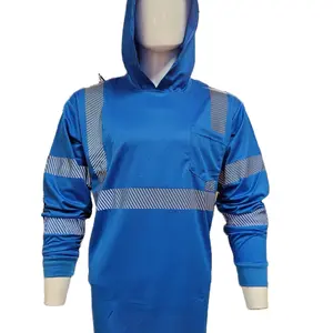 Blue Long Sleeve Safety  Hooded  Shirt with Hot Print Reflector Clothing Uniforms Workwear