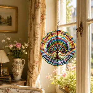10-Inch 3D Stainless Steel Windmill, Life Tree Series Bell Rotating Decor, Gemstone Colors, Stained Glass Style, Indoor Outdoor Christmas Decoration
