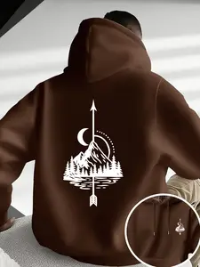 Men's Mountain Arrow Moon Print Hoodie, Drawstring and Kangaroo Pocket, Comfortable Casual Fashion Pullover, Outdoor Style Men's Clothing