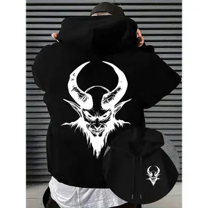 Men's Dark Devil Print Hoodie, High Street Oversized Sweatshirt, Casual Fitted Graphic Letter Design, Fall & Winter Fashion