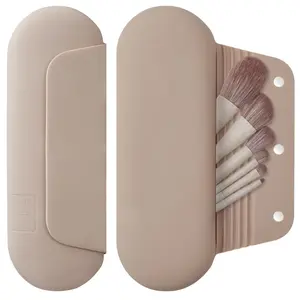 Silicone Makeup Brush Holder Travel Cosmetic Bag：Soft Portable Cosmetic Face Brushes Holder with Upgrade Anti-Fall Out Magnetic Closure, Large Travel Makeup Brush Case - Walnut