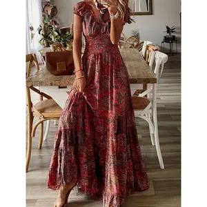 Paisley Print Ruched Trim V-neck Dress, Vacation Style Short Sleeve Shirred Waist Maxi Dress For Spring & Summer, Women's Clothing