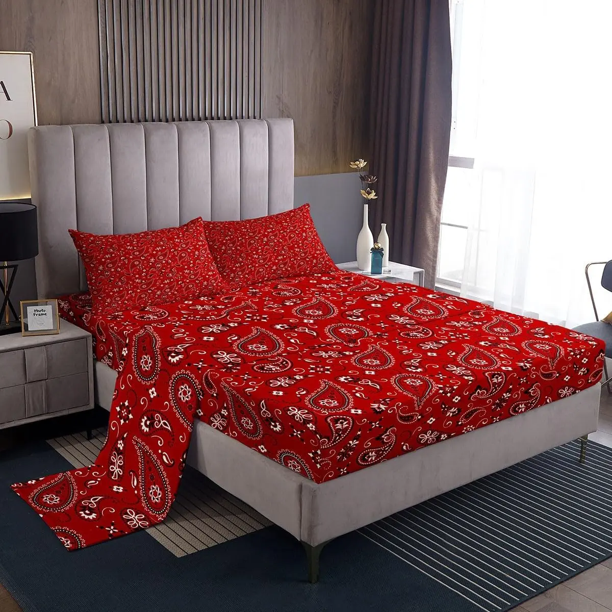 Paisley Floral Bed Sheet,Western Cowboy Cowgirl Top Flat Sheet Vintage Bohemia Style Red Bedding Set Woman Room Decor,Southwest Tribal Fitted Sheet