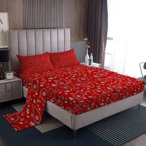 Paisley Floral Bed Sheet,Western Cowboy Cowgirl Top Flat Sheet Vintage Bohemia Style Red Bedding Set Woman Room Decor,Southwest Tribal Fitted Sheet