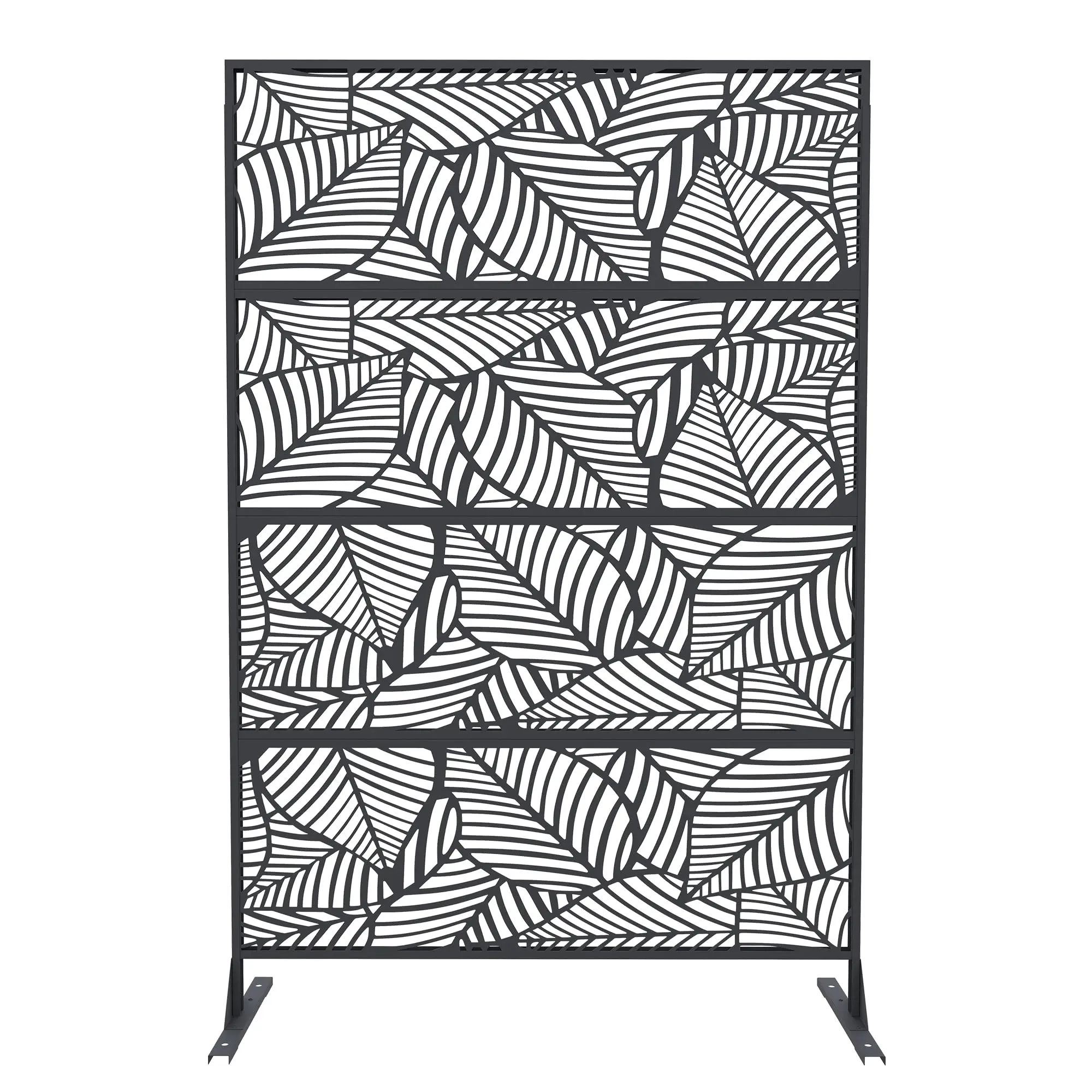 71×46 Inch Freestanding Iron Metal Panel Room Divider with Stand Base, Black Leaf Pattern Functional Privacy Shield for Enhanced Outdoor Privacy (Balcony, Patio), Plants