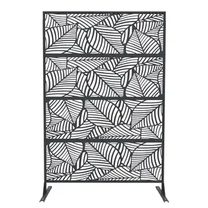 71×46 Inch Freestanding Metal Privacy Screen with Stand, Black Leaf Pattern Decorative Privacy Panels, Multiple Styles for Balcony, Patio, Deck & Garden Outdoor Decor