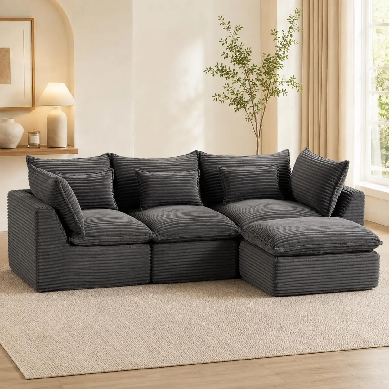 102.3" Cloud Couch, Oversized Modular 3-Seat Sectional Sofa with Ottoman, Deep & Wide Seat Comfy Corduroy Sofa, Slow Rebound Foam Relax Lounge Furniture for Living Room,Antique Grey