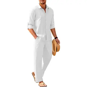 Mens Linen Sets 2 Piece Long Sleeve Button Down Cuban Shirt and Pants Set Summer Beach Set Outfits