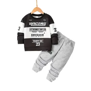Ready Stock 2pcs Boys' Racing-Themed Outfit Set with Letter Patchwork Long Sleeve Tops & Joggers (4-7Y,Black) 42507046