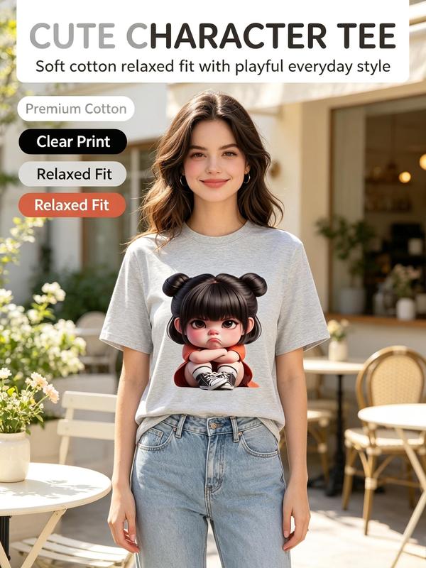 Women's Heather Gray Crew Neck Short Sleeve Fitted Cut Pure Cotton Lightweight Graphic Print T-Shirt - Cute Grumpy Double Bun Cartoon, Casual Beach Top by Sohochic