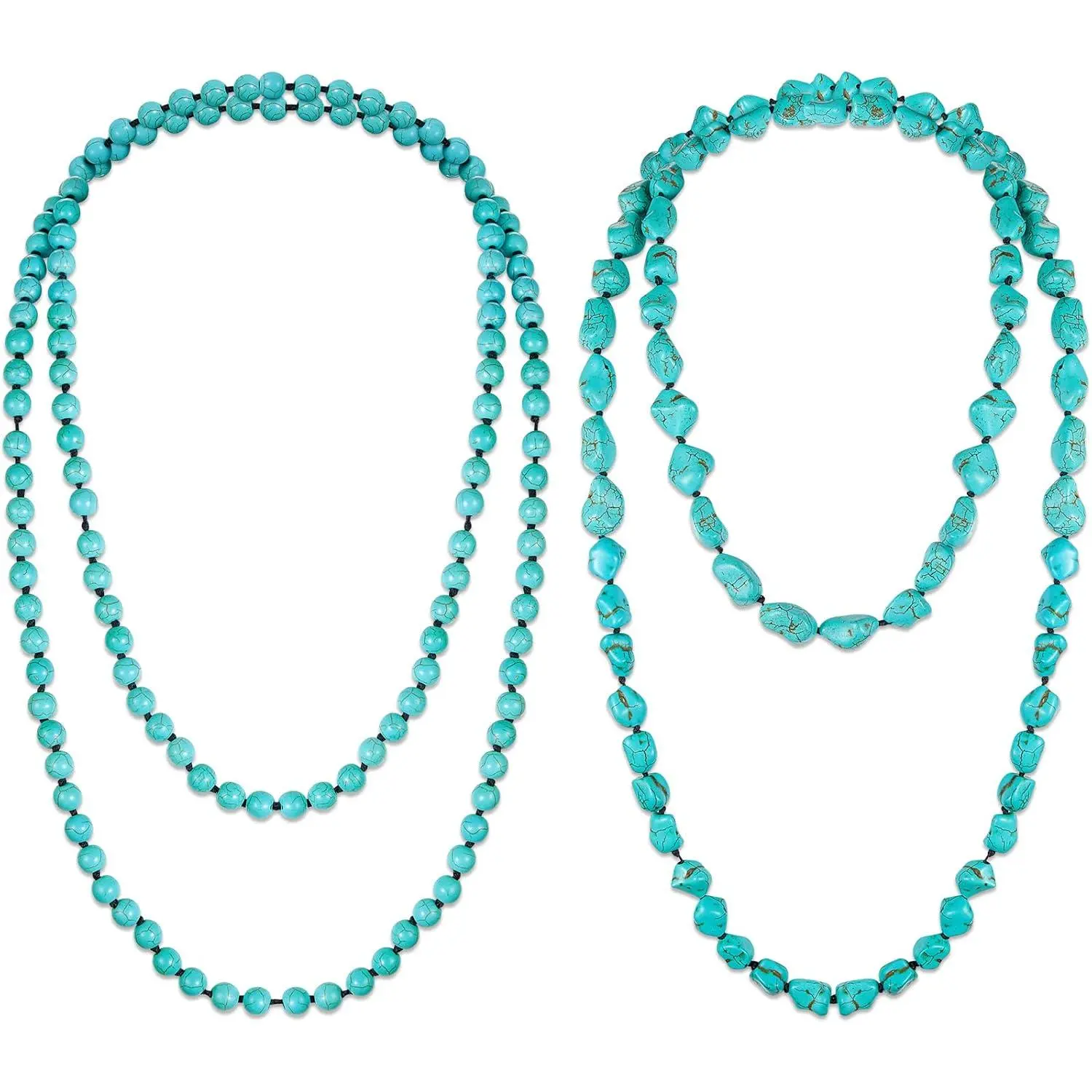 2 Pcs Turquoise Beads Endless Necklace – 47.5" Long, Multi-Strand Layer, Knotted Homemade Jewelry