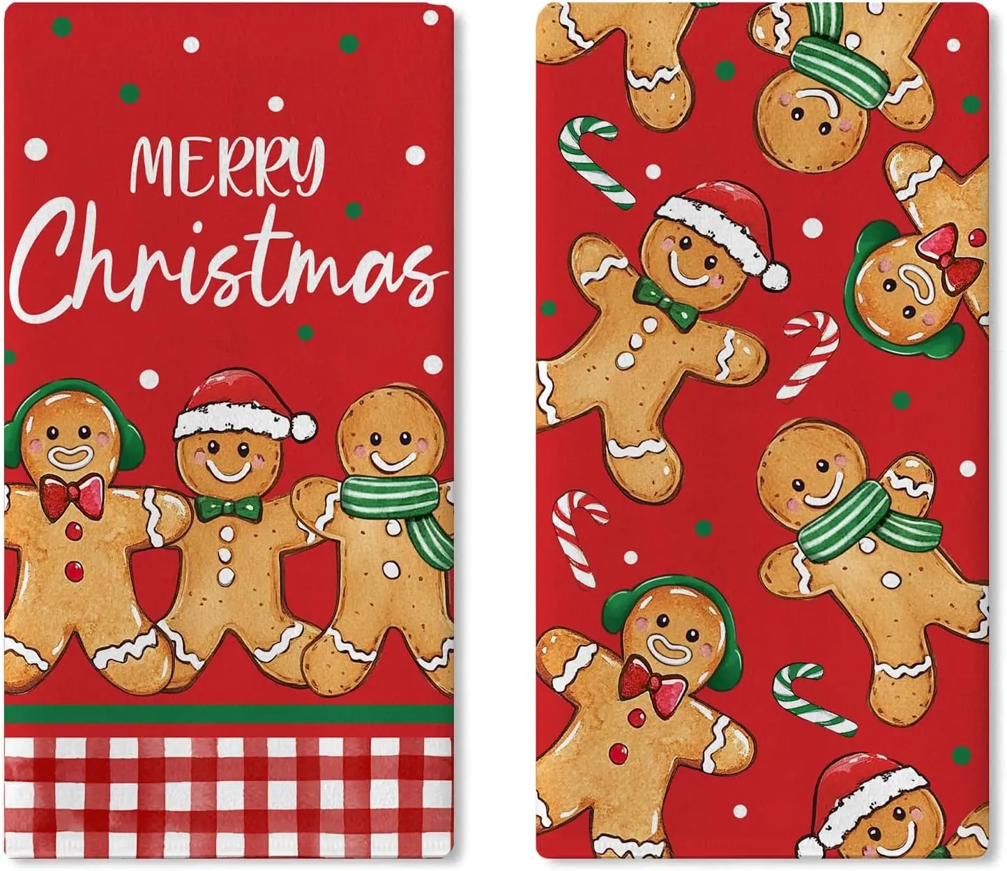Soft Christmas Gingerbread Man & Red Kitchen Dish Towels Set of 2, Xmas Candy Cane Buffalo Plaid Hand Towels, Winter Holiday Home Decoration Cloths (18x26 in)