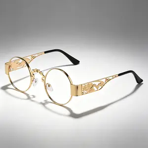 Gold-Tone Round Frame Glasses with Intricate Design and Black Temple Tips for Stylish Wear Vintage Steampunk Unisex Accessory