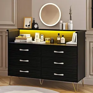 【GARVEE】Modern Black 6-Drawer Double Dresser with Wide Wood Drawers, LED Light, and Charging Station - Versatile Chest of Drawers for Bedroom, Living Room, and TV Stand