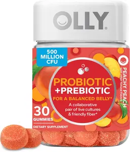 OLLY Probiotic + Prebiotic Gummy, Digestive Support and Gut Health, 500 Million CFUs, Fiber, Adult Chewable Supplement for Men and Women, Peach Fitness Edible Healthcare Dietary Optimum