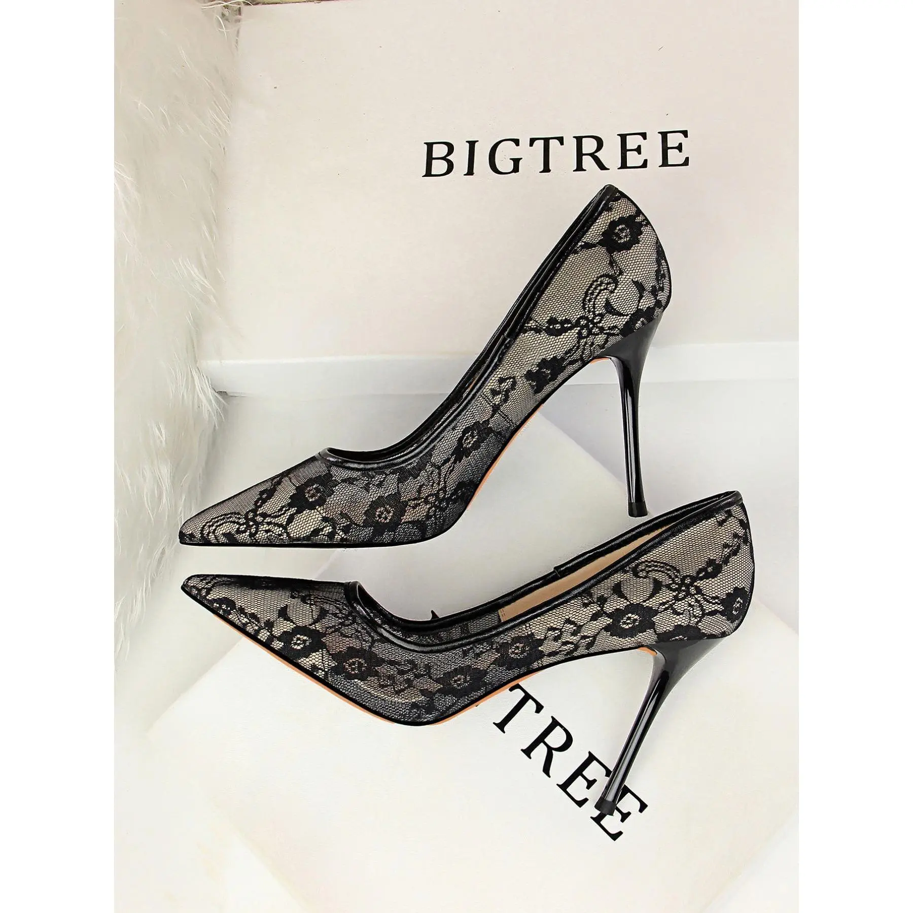 Women's Mesh Hollow Contrast Lace Pointed Toe Stiletto Heels, Black Elegant Heeled Dress Formal Shoes Women, Heel Pumps, Classy Stiletto, Formal Heels, Daily Clothing Decor Girl, Stylish Perfect Footwear Outfit Matching.s