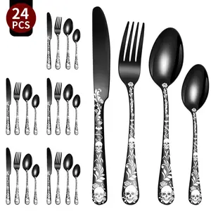 24 Piece Gothic Cutlery Set Skull Rose Pattern Stainless Steel Utensils for 4 6 8 People Dark Rock Halloween Birthday Gift