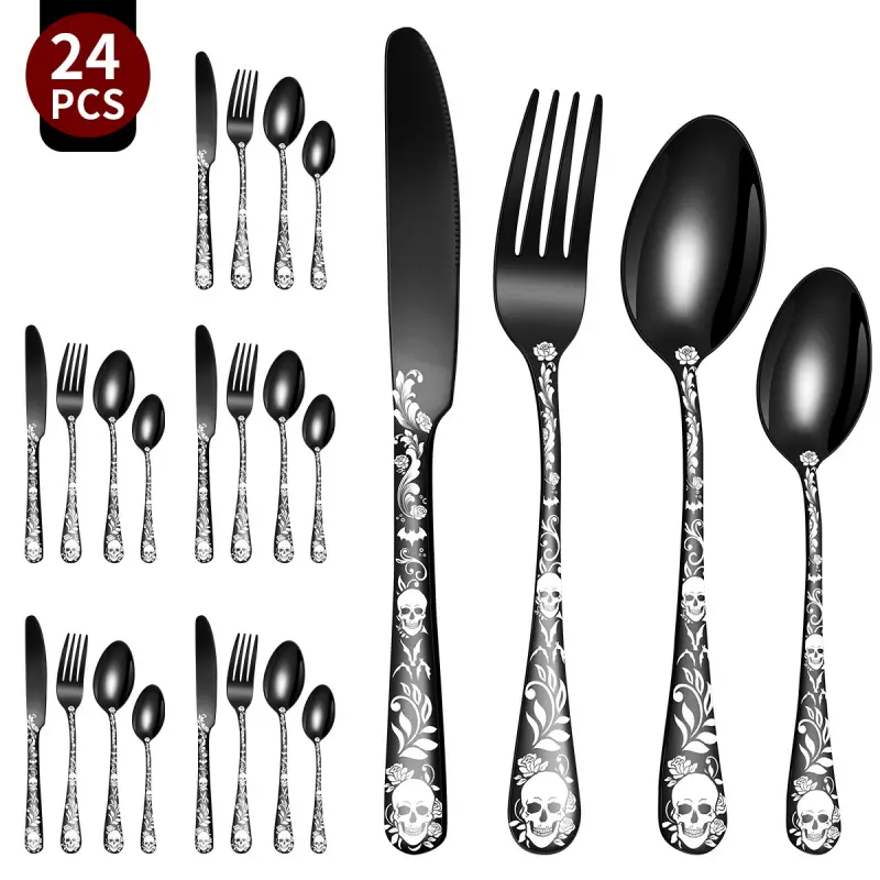 24 Piece Gothic Cutlery Set Skull Rose Pattern Stainless Steel Utensils for 4 6 8 People Dark Rock Halloween Birthday Gift