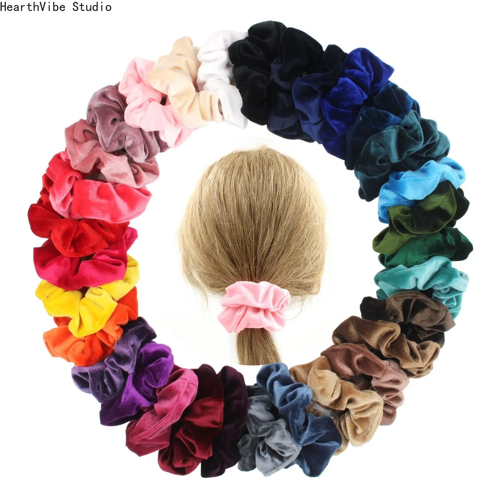 Women's Medium Polyester Velvet Texture Round Scrunchie, Glitter Solid-Color Hair Tie - Universal Casual Sports & Outdoor Accessory (Coffee, Yellow, Purple Options)