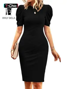 Women's Plain Puff Sleeve Dress, Elegant Fashion Casual Bodycon Dress for Work Office Business, Ladies Dress for All Seasons Formal Wear