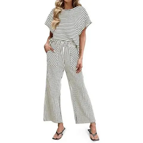 Tankaneo Womens Striped 2 Piece Sets Short Sleeve T Shirts Wide Leg Pants Matching Lounge Set with Pockets