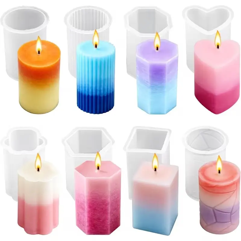 8pcs Set of Cylindrical Candle Molds, Cylinder/Hexagon/Octagonal/Heart/Flower/Square Shapes Design, Candle Making, Great for Table Crafts, Party, Wedding, Desktop, Home Decor