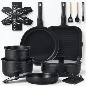 21 count Pots and Pans Set Non Stick with Detachable Handle & Grill Pan, Induction Ceramic Cookware Set, Non  Kitchen Pots and Pans Set for RVs,Camping, Oven/Dishwasher Safe, Black