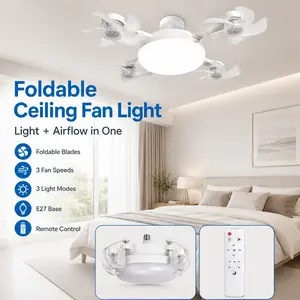Smart Foldable Ceiling Fan Light – Drone Style 3-Blade Fan Lamp with Remote Control, 3 Wind Speeds, E27 Easy Install, Cooling + Lighting Combo for Home