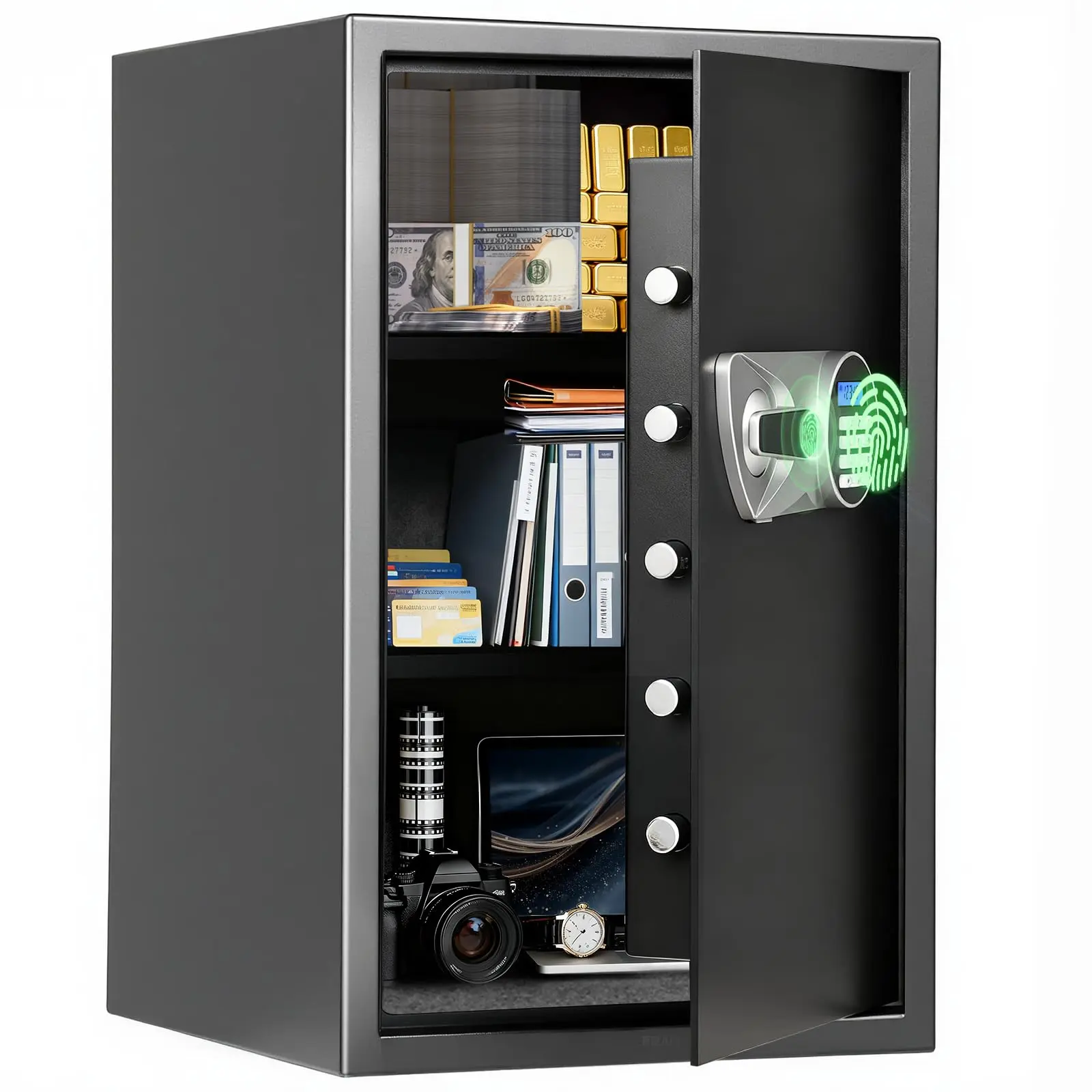 BlackSmith Large Biometric Safe - 2.7 Cub Home Digital Box Safe, Office Security Device with Key, Keypad Lock, Wall Mount, Removable Shelves, LED Light for Securing Money, Jewelry, Valuables, Black, Digital Box Safes, Security Device With Key Safes