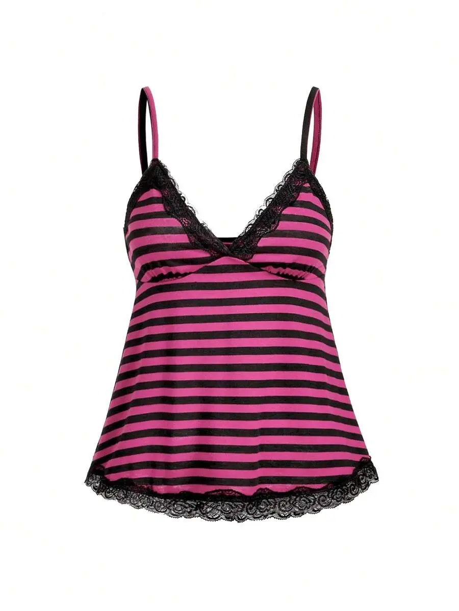BELLORA  Kawaii Y2K V-Neck Striped Contrast Color Lace Camisole T-Shirt, Sexy Punk Style Summer Clothing