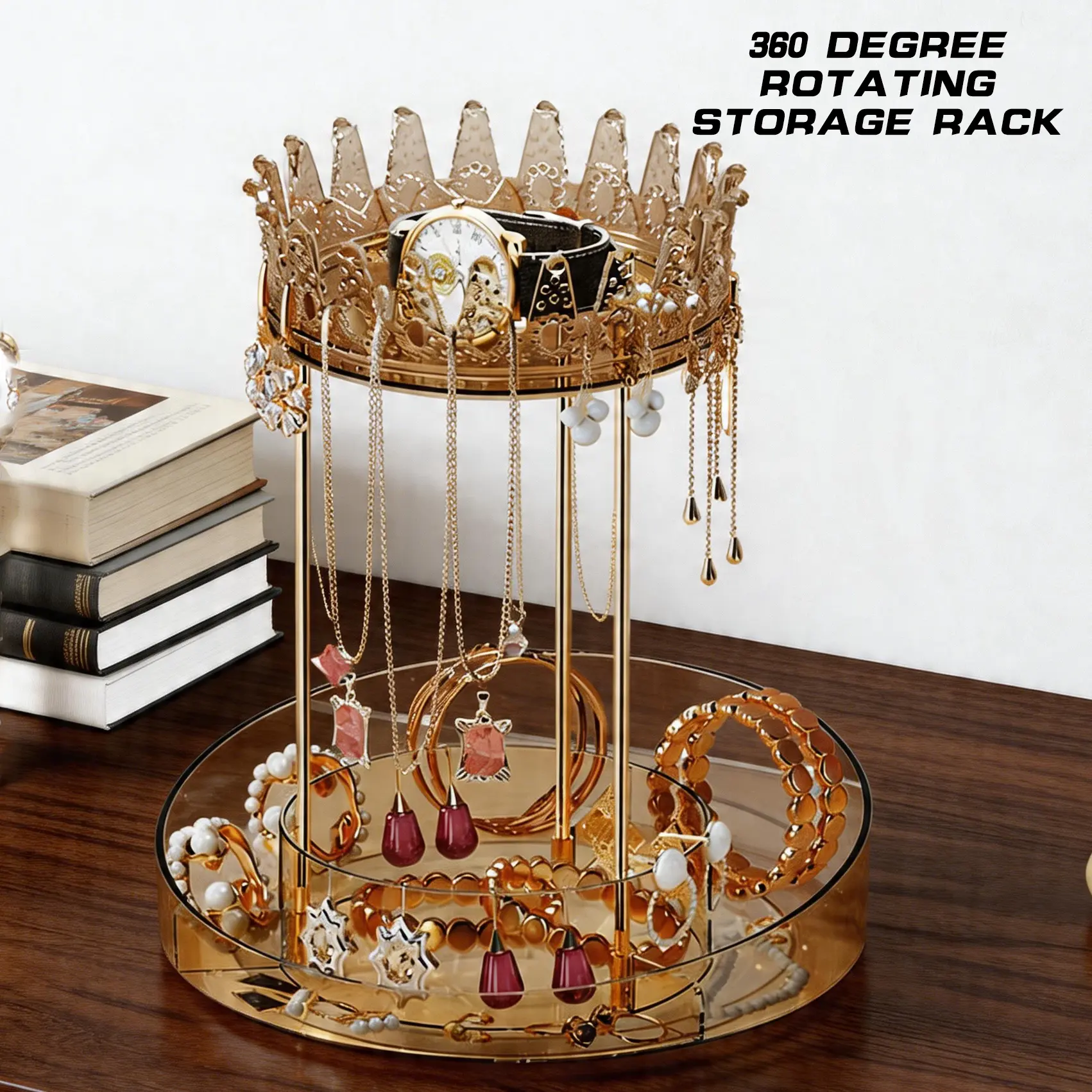 360° Rotating Multi-Layer Cosmetic Organizer - PET & Metal Heavy-Duty Home Storage Rack with Dividers, Brush Holder, Perfume Box, Jewelry Holder for Bedroom Vanity Small Accessories, Modern
