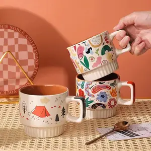 Boho Ceramic Mug Set – Vintage Aesthetic Coffee & Tea Cups (Stackable, Hand-Painted, 330ml