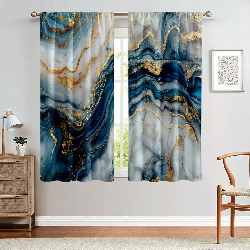Decorative Marble Pattern Blue Blackout Bedroom Curtains, 2 Elegant Curtains for Home Decor, Privacy and Light Blocking Window Treatments, Home Decoration Curtain, Window Drapes