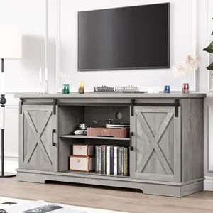 59" Farmhouse TV Stand for 65" TV, Sliding Barn Doors, Adjustable Shelves & Media Console Storage