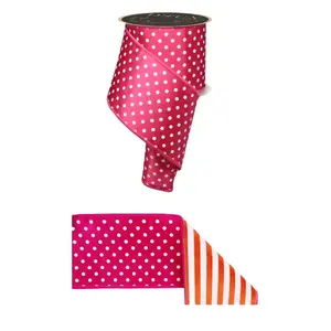 4" x 10yd D'Lux Polka Dot Ribbon in Hot Pink & White w/ Orange Stripe Fused Backing