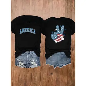 Women's Patriotic America Print T-Shirt - 4th of July Stars & Stripes Peace Sign Graphic, Short Sleeve Crew Neck Casual Top, Breathable Summer Tee, Machine Washable Regular Fit, American Flag Shirts Tshirt for you