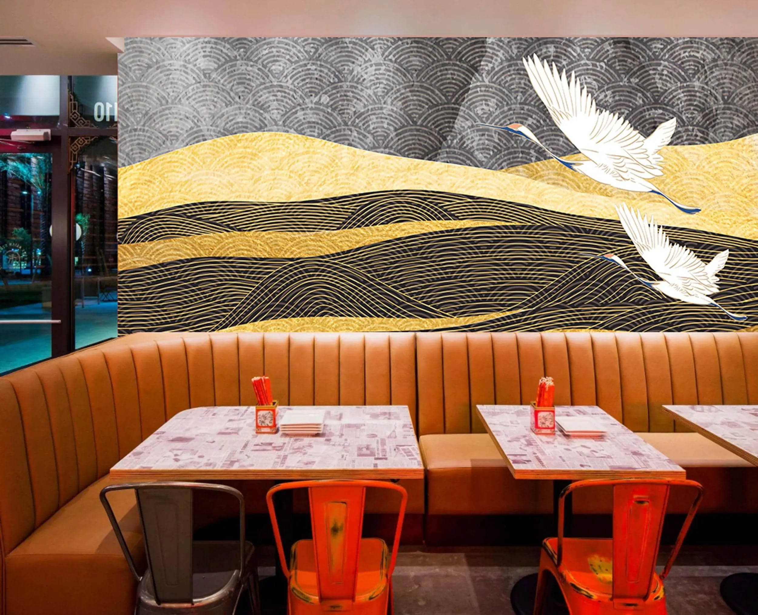 Japanese Crane Peel and Stick Wallpaper - Elegant Gold Black Wave Mural for Restaurants, Hotels, Bars & Offices. Easy to Apply.