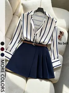 2 Piece Spring Summer Outfit Set Women | Striped Button Down Shirt + High Waist Pleated Mini Skirt (No Belt Included) |  Quiet Luxury Style for Daily Office School Wear