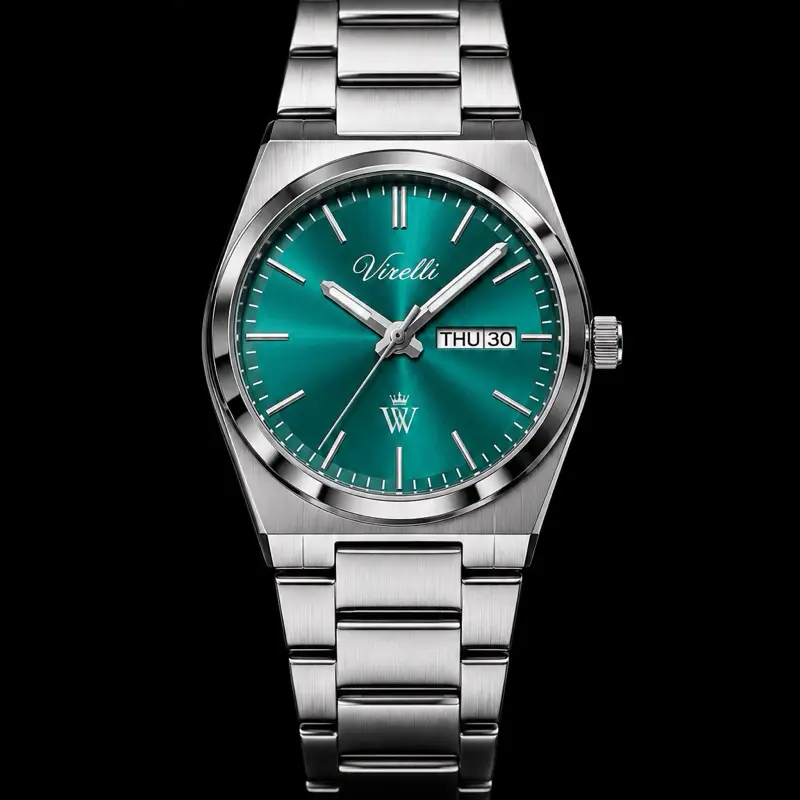 Virelli Emerald Men’s Stainless Steel Watch | Emerald Green Sunburst Dial | Quartz | Day-Date | 42mm
