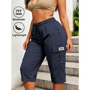 Solid Color Women Cargo Capri Pants Drawstring High Waist Flap Pockets Casual Outdoor Streetwear Daily Comfy Jogger Capris